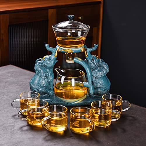 Lazy Kungfu Glass Tea Set Semi Automatic Drip Rotating with Infuser Glass Teapot Set (Elephant Tea Set+6 cups)